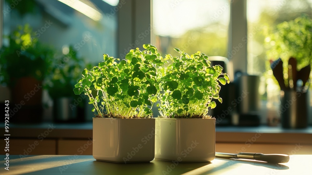 Bright, cheerful presentation of hydroponic leafy greens in a modern, sunny kitchen, with culinary utensils nearby Bright, cheerful presentation of hydroponic leafy greens in a modern, sunny kitchen, with culinary utensils nearby