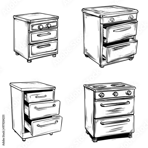 Hand-Drawn Kitchen Appliances Stoves and Cabinets Sketch Illustrations