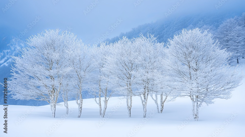 A serene winter landscape featuring snow-covered trees in a misty atmosphere. A serene winter landscape featuring snow-covered trees in a misty atmosphere.