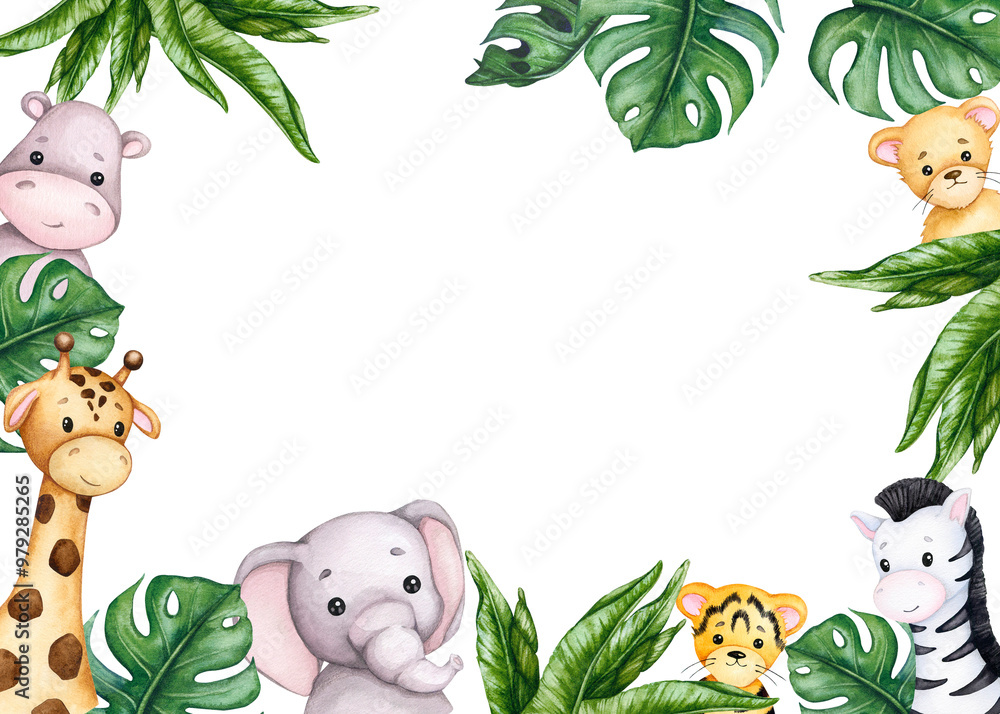 Fototapeta premium Cute tropical baby animals. Toy wild animals. Watercolor frame, banner, backdrop for birthday, gender reveal party, baby shower, kids party. Horizontal card, poster, invitation, greeting card..
