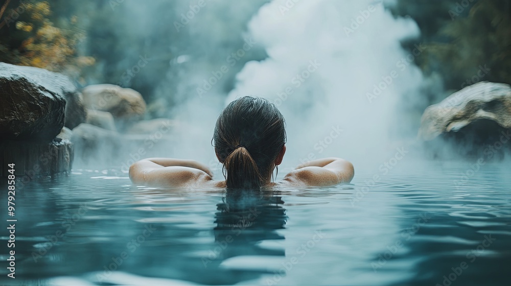 Fototapeta premium A serene scene of a person relaxing in a steaming hot spring surrounded by nature.