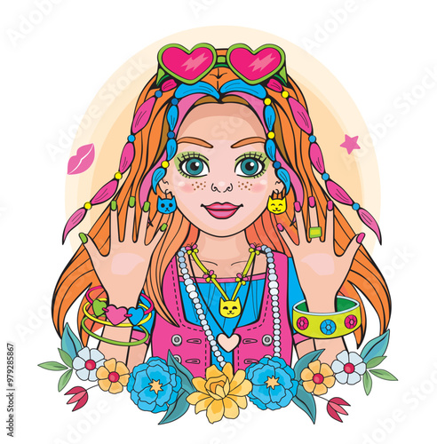 Modern beautiful princess or supermodel. Cute girl with fashionable hairstyle and pigtails. Isolated illustration for print or sticker. Portrait, floral wreath and rainbow on white background. Vector.