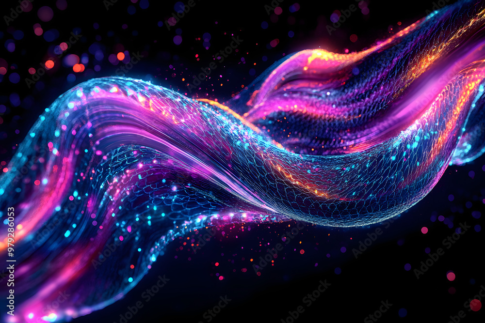 Dynamic neon light trails of mermaid scale leggings isotated on black background. Dynamic neon light trails of mermaid scale leggings isotated on black background.