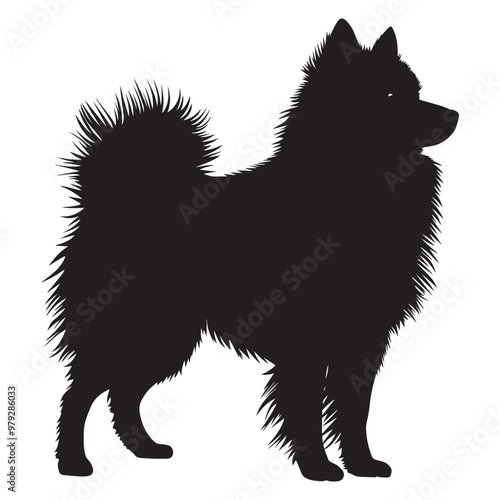 Keeshond dog silhouette Design, Dog Clipart vector illustration in black and white
