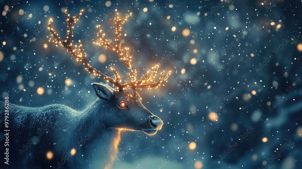 A majestic reindeer adorned with sparkling lights in a snowy forest, creating a magical winter ambiance. A majestic reindeer adorned with sparkling lights in a snowy forest, creating a magical winter ambiance.
