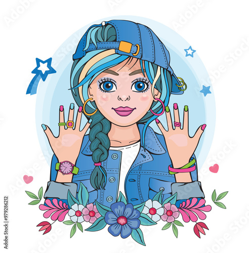 Modern beautiful princess or supermodel. Cute girl with fashionable hairstyle and pigtails. Isolated illustration for print or sticker. Portrait, floral wreath and rainbow on white background. Vector.