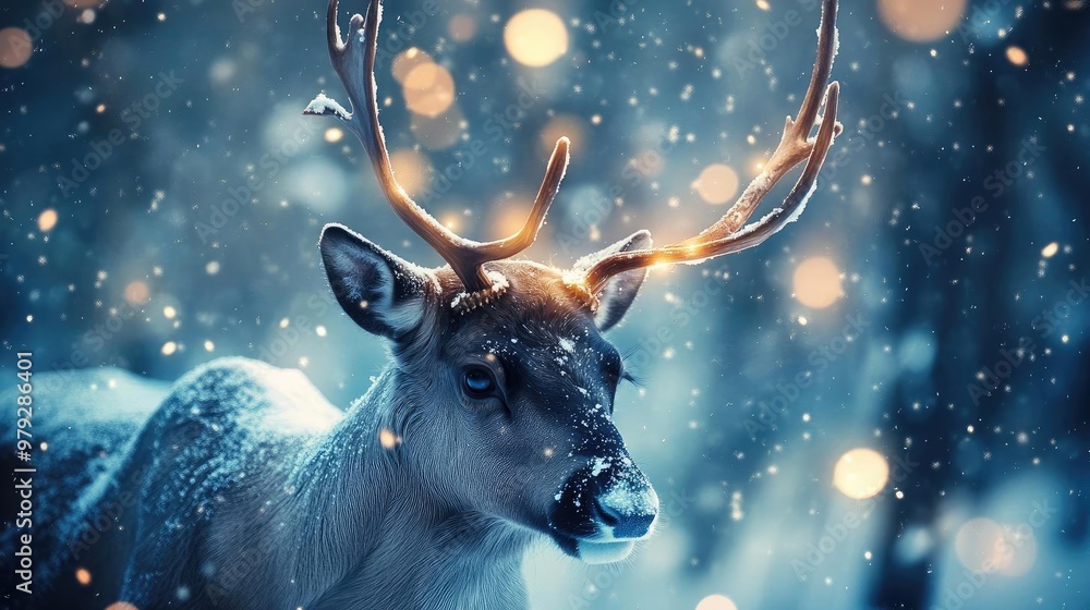 Fototapeta premium A majestic reindeer in a snow-covered landscape, adorned with glowing antlers, creating a magical winter atmosphere.