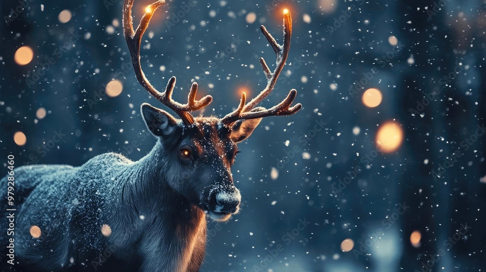 A majestic deer stands gracefully in a snowy woodland, illuminated by soft, glowing lights, creating a magical winter scene. A majestic deer stands gracefully in a snowy woodland, illuminated by soft, glowing lights, creating a magical winter scene.