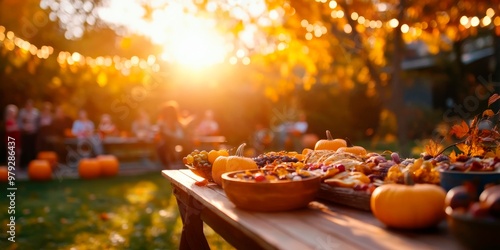 Halloween party in autumn on the terrace, with blurred people at a table with pumpkins and fruit-based food., autumn backyard party with friends. copy space for text, fall festival,