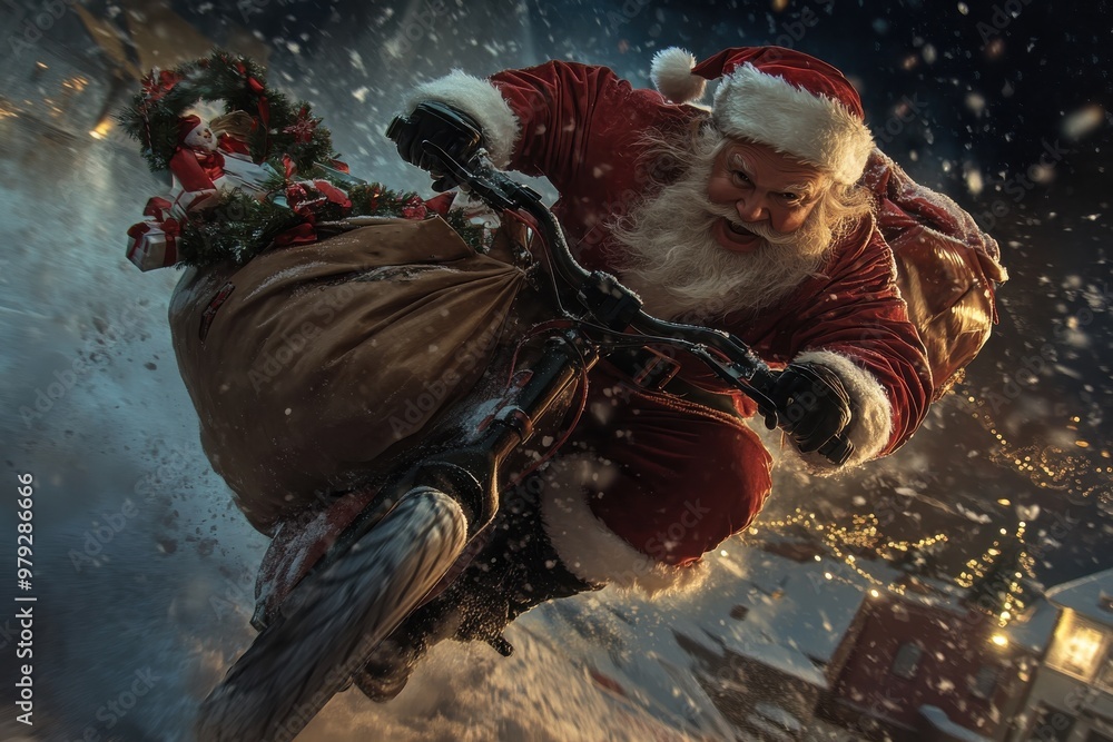 Santa Claus rides a bicycle, carrying a large sack of presents, through the snowy night, capturing the spirit of adventure, magic, and the festive Christmas season. Santa Claus rides a bicycle, carrying a large sack of presents, through the snowy night, capturing the spirit of adventure, magic, and the festive Christmas season.