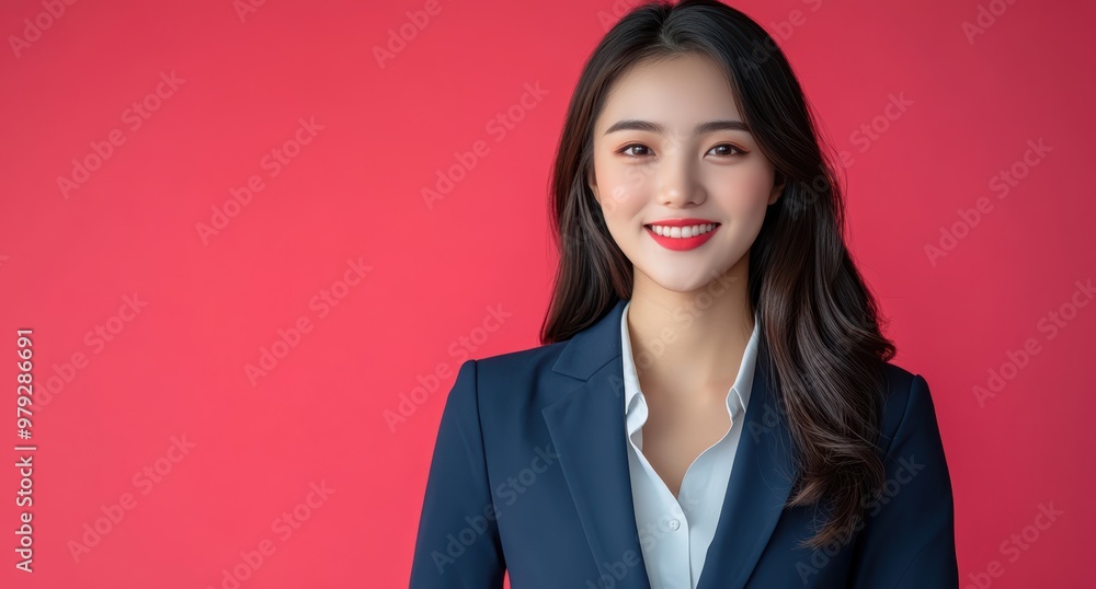 young Japanese woman in business attire stands with confidence against a pastel pink background, her posture and expression emphasizing a balance of professionalism. young Japanese woman in business attire stands with confidence against a pastel pink background, her posture and expression emphasizing a balance of professionalism.