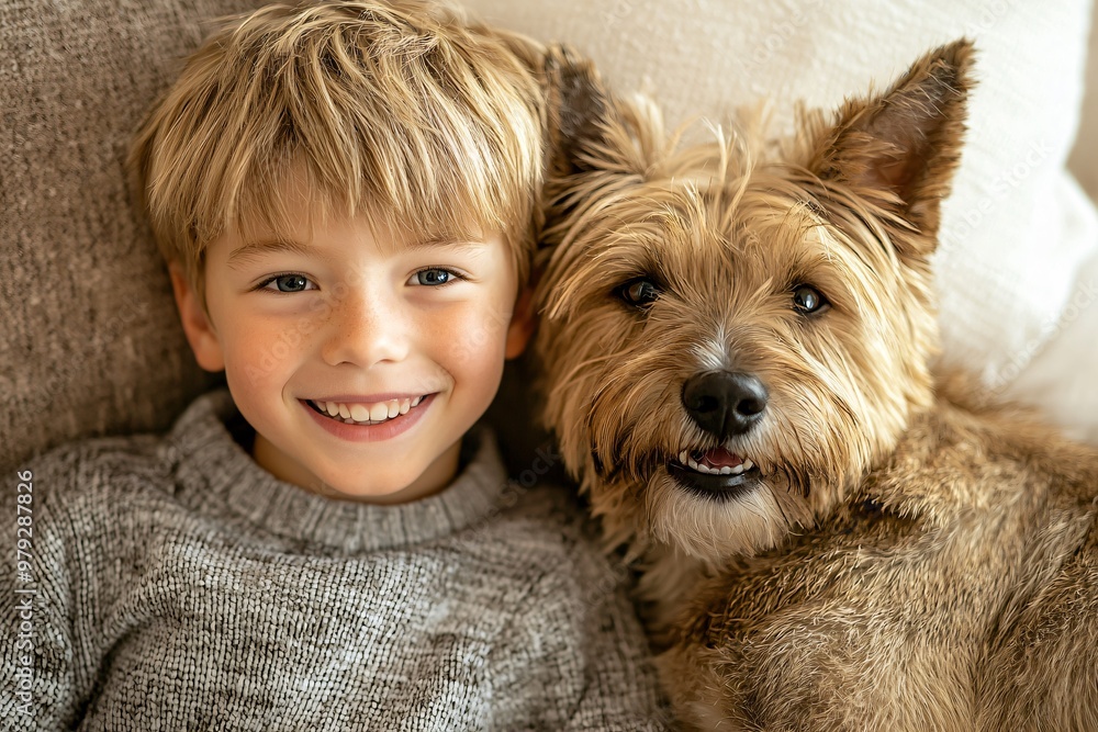 A child sitting with their pet, smiling lovingly, as the soft studio lighting enhances the warmth and affection shared between them. A child sitting with their pet, smiling lovingly, as the soft studio lighting enhances the warmth and affection shared between them.