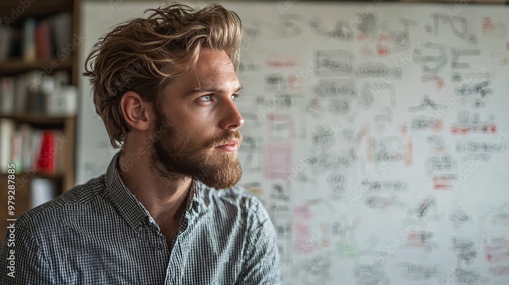 A dynamic entrepreneur standing in front of a whiteboard filled with business strategies, confidently leading a team meeting under bright studio lighting. A dynamic entrepreneur standing in front of a whiteboard filled with business strategies, confidently leading a team meeting under bright studio lighting.