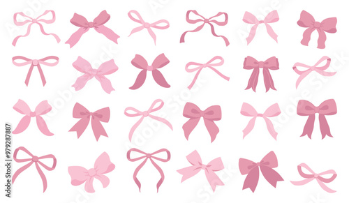 Vector Illustration of pink vintage bows. Girly hair decor, flat icon. Ribbons isolated. Trendy girls accessories. Cute hairstyle elements collection. Simple hand drawn bow collection. Bowknot for dec