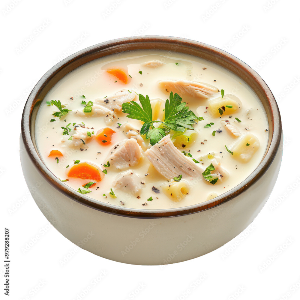 Chicken noodle soup with vegetables served in a bowl, garnished with parsley Chicken noodle soup with vegetables served in a bowl, garnished with parsley