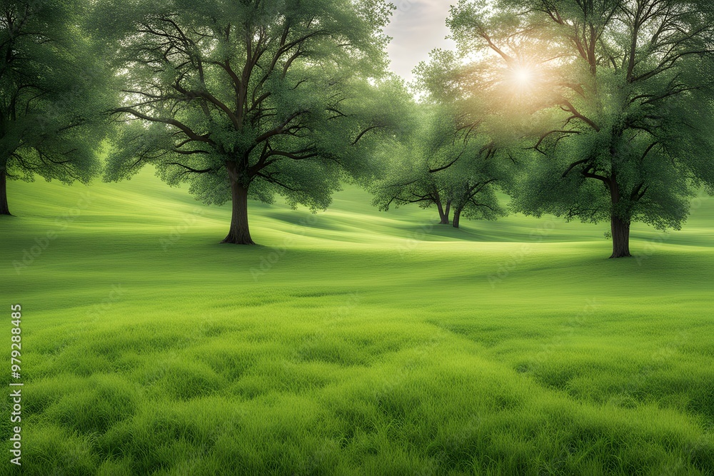A bright open meadow with lush green grass a soft breeze and a few scattered trees, AI Generated A bright open meadow with lush green grass a soft breeze and a few scattered trees, AI Generated