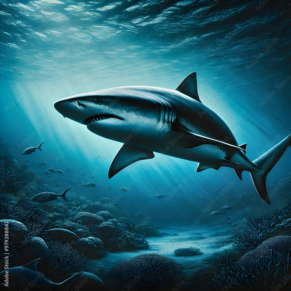 Large shark swimming gracefully in the ocean depths Large shark swimming gracefully in the ocean depths