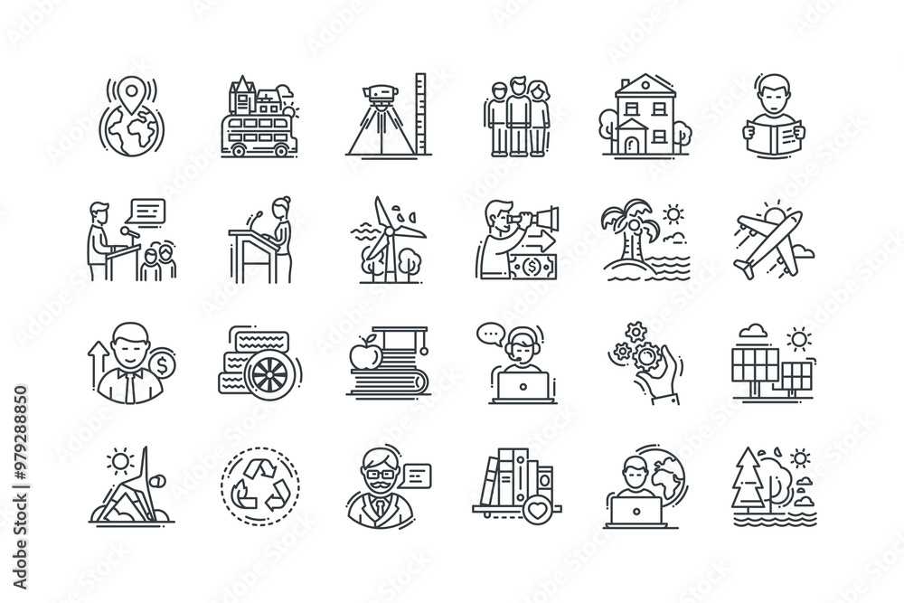 Business man, Conference, Excursions, Geodetic, set of icons for web design, vector illustration Business man, Conference, Excursions, Geodetic, set of icons for web design, vector illustration