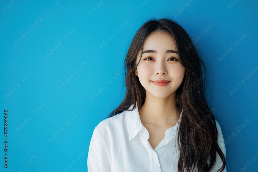 Beautiful Asian girl with long dark hair stands smiling warmly in front of a turquoise background. She is wearing a simple white shirt, exuding natural beauty and positivity. Beautiful Asian girl with long dark hair stands smiling warmly in front of a turquoise background. She is wearing a simple white shirt, exuding natural beauty and positivity.
