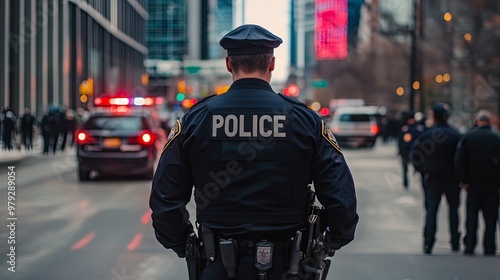 A police officer stands watch in a city street, surrounded by law enforcement vehicles and personnel during a public event.