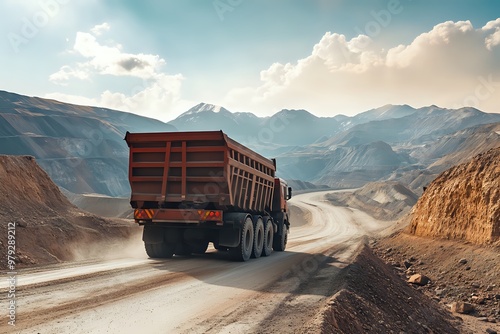 A large dump truck drives along a dirt road in a quarry. photo