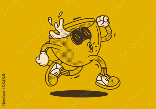 Running coffee cup character in retro vintage style