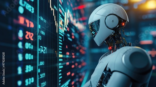 AI robots engage in financial transactions, using sophisticated algorithms to predict market movements and optimize trading.