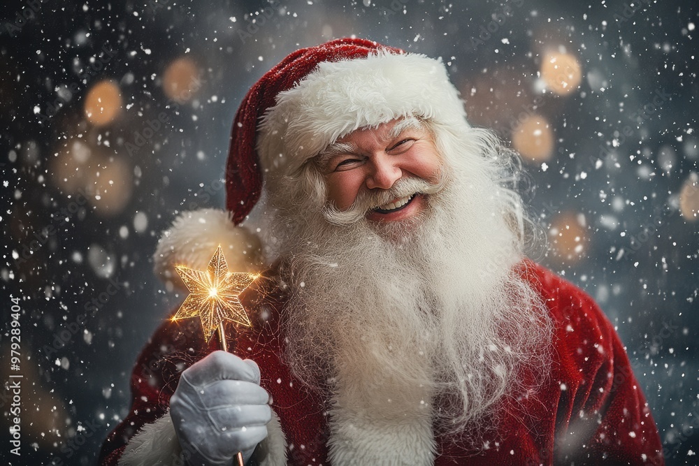 Santa with his gifts, star wand, and cheerful smile brings festive warmth and magic, ideal for Christmas branding and holiday promotions. Santa with his gifts, star wand, and cheerful smile brings festive warmth and magic, ideal for Christmas branding and holiday promotions.