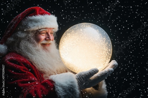 Santa with a glowing ring of light in his hands and snow falling around him creates a festive, magical scene for holiday campaigns. photo