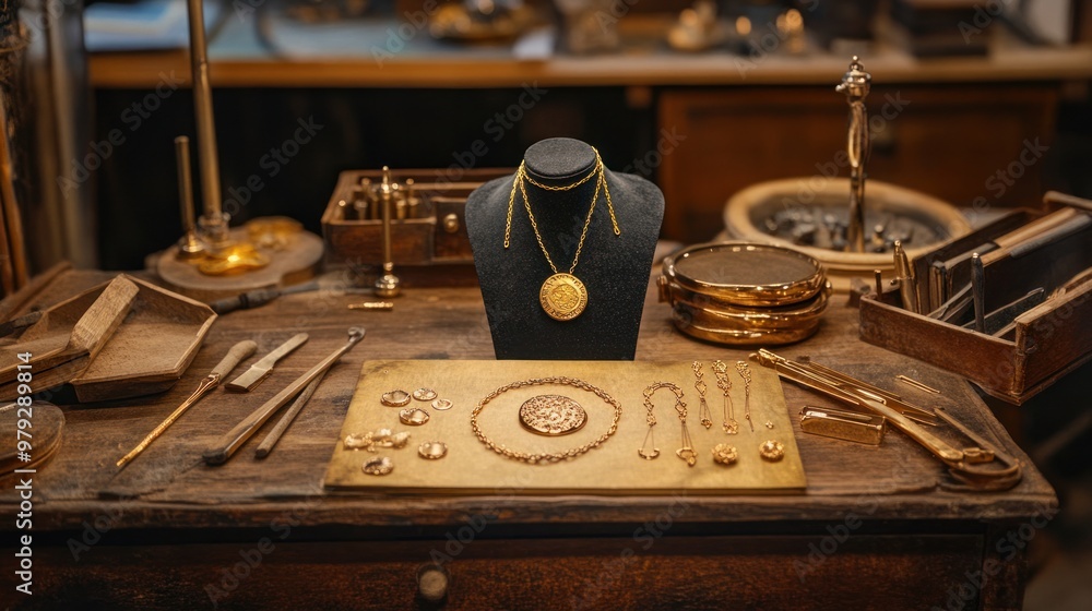 A unique gold craftsmanship showcase, with handmade gold necklaces and earrings, displayed alongside the tools used in their creation, highlighting the artistry of the jeweler A unique gold craftsmanship showcase, with handmade gold necklaces and earrings, displayed alongside the tools used in their creation, highlighting the artistry of the jeweler