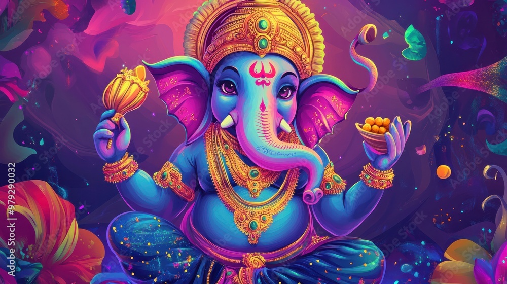 A vibrant, cartoon-style depiction of Ganesh with exaggerated features and bright colors, holding a sweet in one hand and a conch shell in the other, set against a playful background A vibrant, cartoon-style depiction of Ganesh with exaggerated features and bright colors, holding a sweet in one hand and a conch shell in the other, set against a playful background