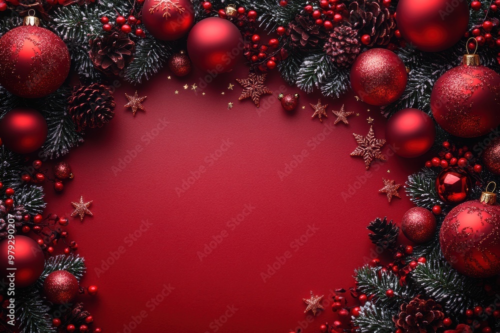 Bright holiday decorations on a red backdrop convey warmth and joy, ideal for e-commerce banners or gift packaging in winter campaigns. Bright holiday decorations on a red backdrop convey warmth and joy, ideal for e-commerce banners or gift packaging in winter campaigns.