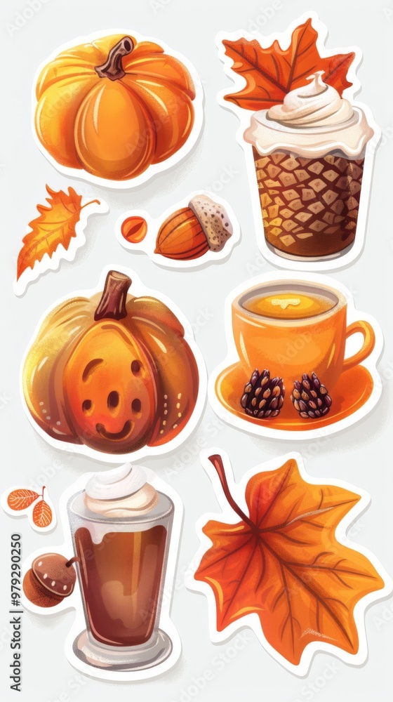 Fall Sticker Set with Pumpkins and Hot Drinks Fall Sticker Set with Pumpkins and Hot Drinks