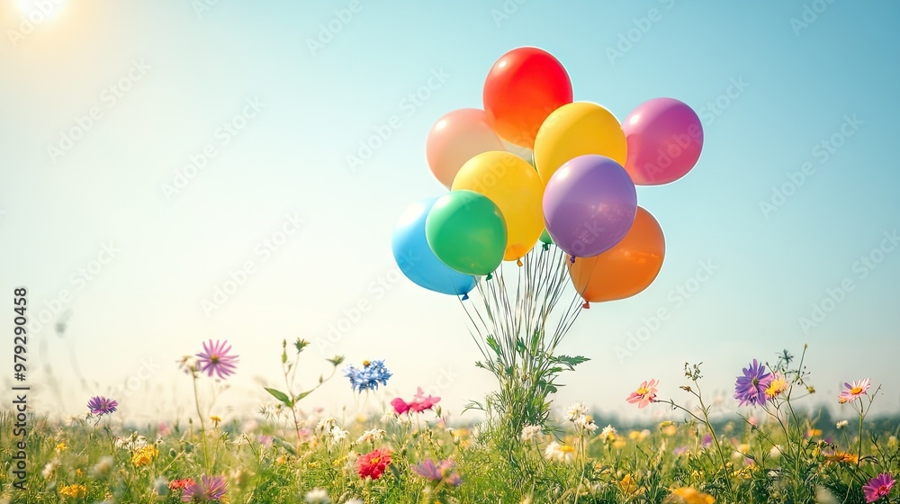 A bouquet of rainbow-colored balloons hovering over a field of wildflowers, with the clear sky providing a cheerful backdrop A bouquet of rainbow-colored balloons hovering over a field of wildflowers, with the clear sky providing a cheerful backdrop