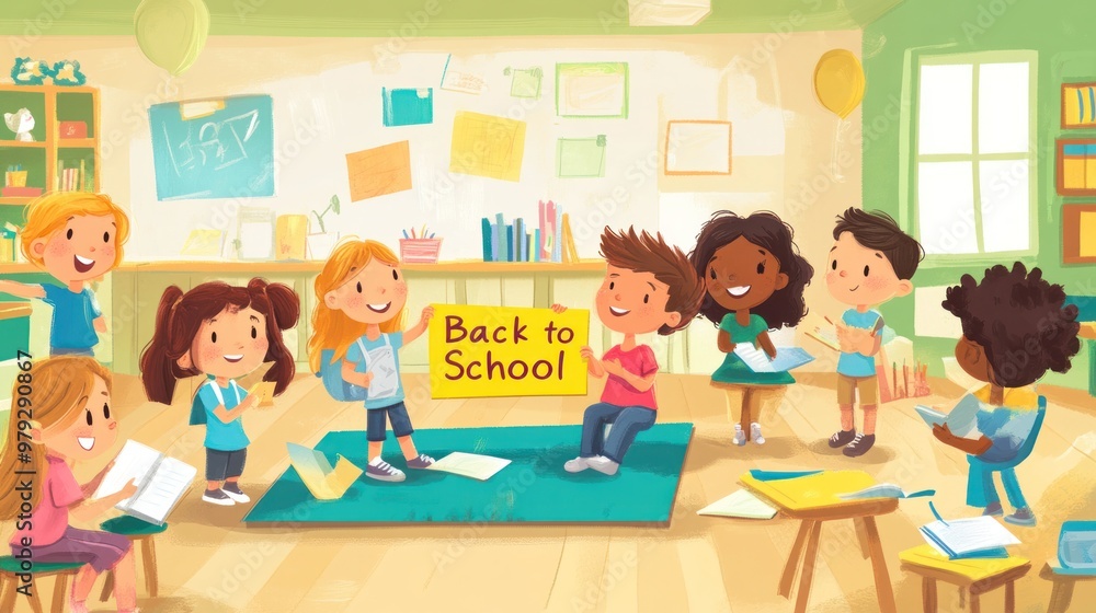 A vibrant school classroom filled with happy, diverse elementary students engaged in various learning activities, holding a Back to School A vibrant school classroom filled with happy, diverse elementary students engaged in various learning activities, holding a Back to School