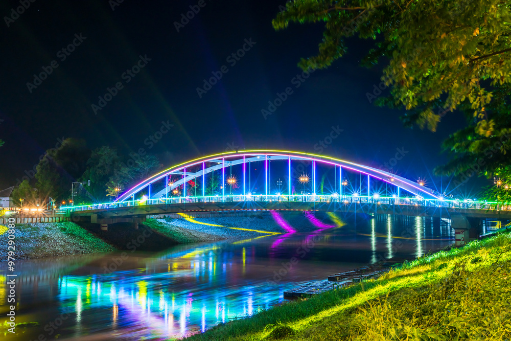 Fototapeta premium light Chan Palace Bridge over the Nan River Chan Palace bridge New Landmark It is a major tourist is Public places attraction Phitsanulok,Thailand,