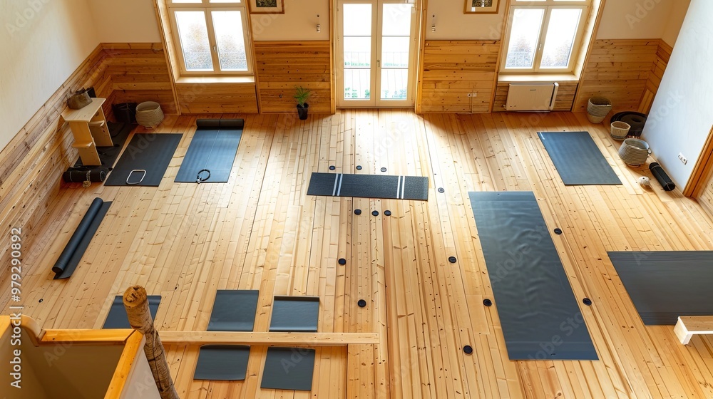 Serene Bird's Eye View of a Spacious Yoga Studio with Wooden Floors and Scattered Mats, Embracing the Essence of Mindful Movement and Relaxation Serene Bird's Eye View of a Spacious Yoga Studio with Wooden Floors and Scattered Mats, Embracing the Essence of Mindful Movement and Relaxation