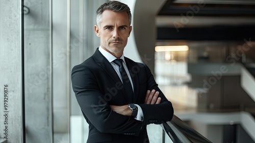 A businessman in a classic black suit, standing in a high-tech office with his arms crossed, looking confidently into the distance