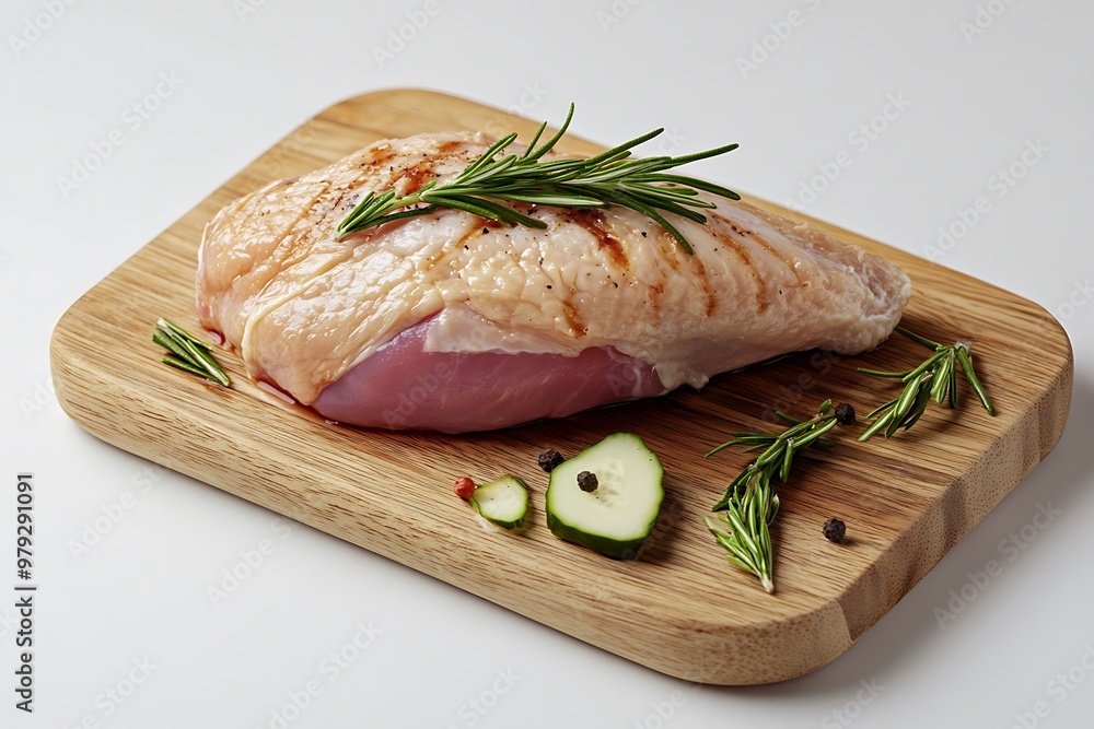 Raw chicken breast on a wooden board, isolated on white background Raw chicken breast on a wooden board, isolated on white background