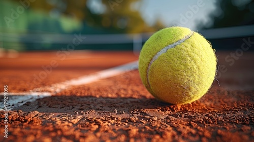 A tennis ball resting on a red clay tennis court. Generative AI.