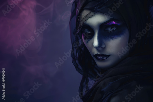 Attractive young woman in dark cloth with Halloween make up. Concept for Halloween party.