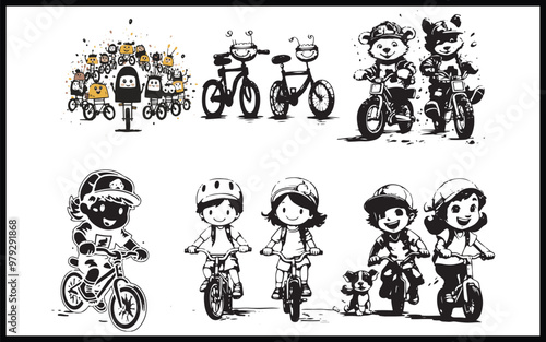 Boy in helmet riding a bicycle. Coloring book for children.