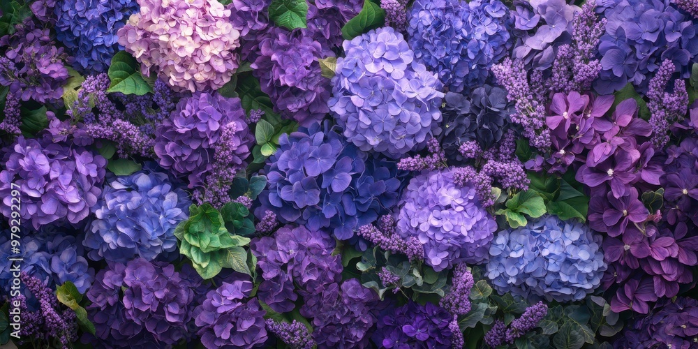 A vibrant display of various purple hydrangeas in full bloom. A vibrant display of various purple hydrangeas in full bloom.