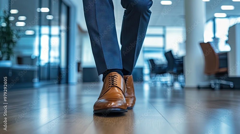 Obraz premium A close-up of a businessmans polished shoes and tailored suit pants, walking confidently through a modern office