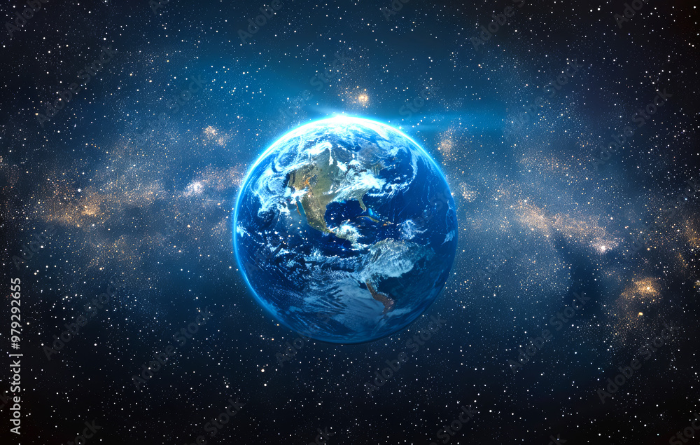 A blue and white planet in the middle of a dark sky. The planet is surrounded by a lot of stars and the sky is filled with them A blue and white planet in the middle of a dark sky. The planet is surrounded by a lot of stars and the sky is filled with them