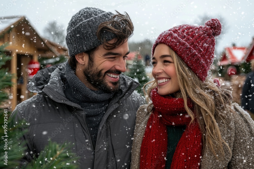 A couple, warmly dressed, shares a joyful moment at a snowy Christmas market, surrounded by festive decor, experiencing the warmth and togetherness of the season. A couple, warmly dressed, shares a joyful moment at a snowy Christmas market, surrounded by festive decor, experiencing the warmth and togetherness of the season.