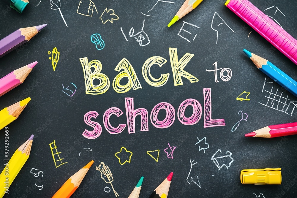 Back to school concept with hand drawn rocket on blackboard and school supplies. Flat lay.
Back to school concept with hand drawn rocket on blackboard and school supplies. Flat lay.