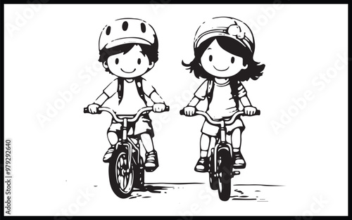 Boy in helmet riding a bicycle. Coloring book for children.