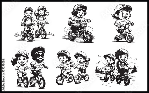 Boy in helmet riding a bicycle. Coloring book for children.