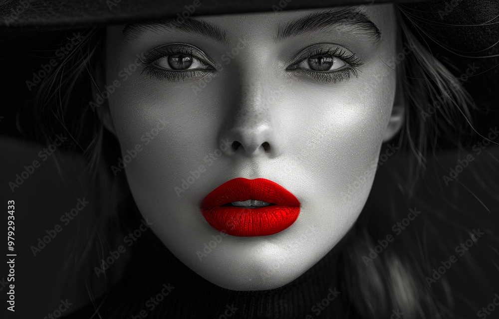 A woman with a red lipstick and a black hat A woman with a red lipstick and a black hat